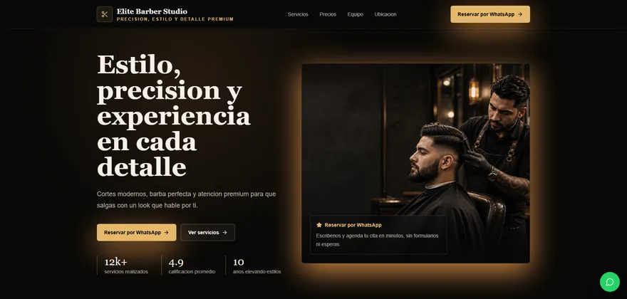 Landing page de Elite Barber Studio con el titular, botones de reserva por WhatsApp y foto de un barbero trabajando
