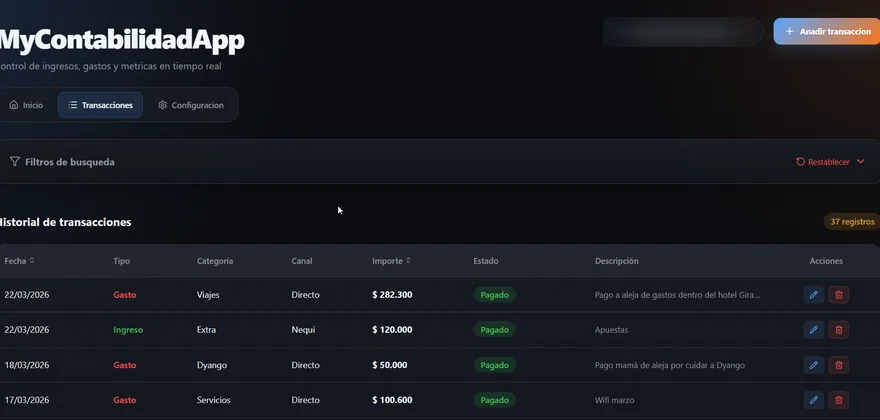 Historial de transacciones de MyContabilidadApp con filtros y estados de pago