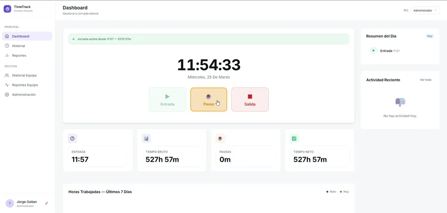 Panel de AppControlHorarios con reloj de jornada activa y totales de horas trabajadas